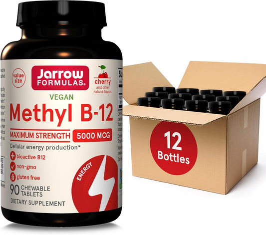 Jarrow Formulas Methyl B-12 5000 mcg Chewable Tablets - 90 Tablets, Pack of 12 - Supports Energy, Sleep & Brain Health - Bioactive Vitamin B-12 - Maximum Strength Dietary Supplement