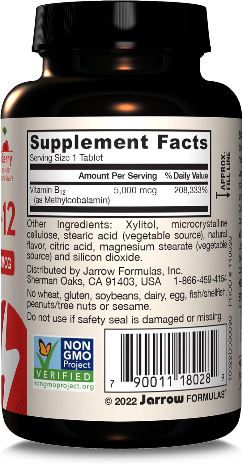 Jarrow Formulas Methyl B-12 5000 mcg Chewable Tablets - 90 Tablets, Pack of 12 - Supports Energy, Sleep & Brain Health - Bioactive Vitamin B-12 - Maximum Strength Dietary Supplement