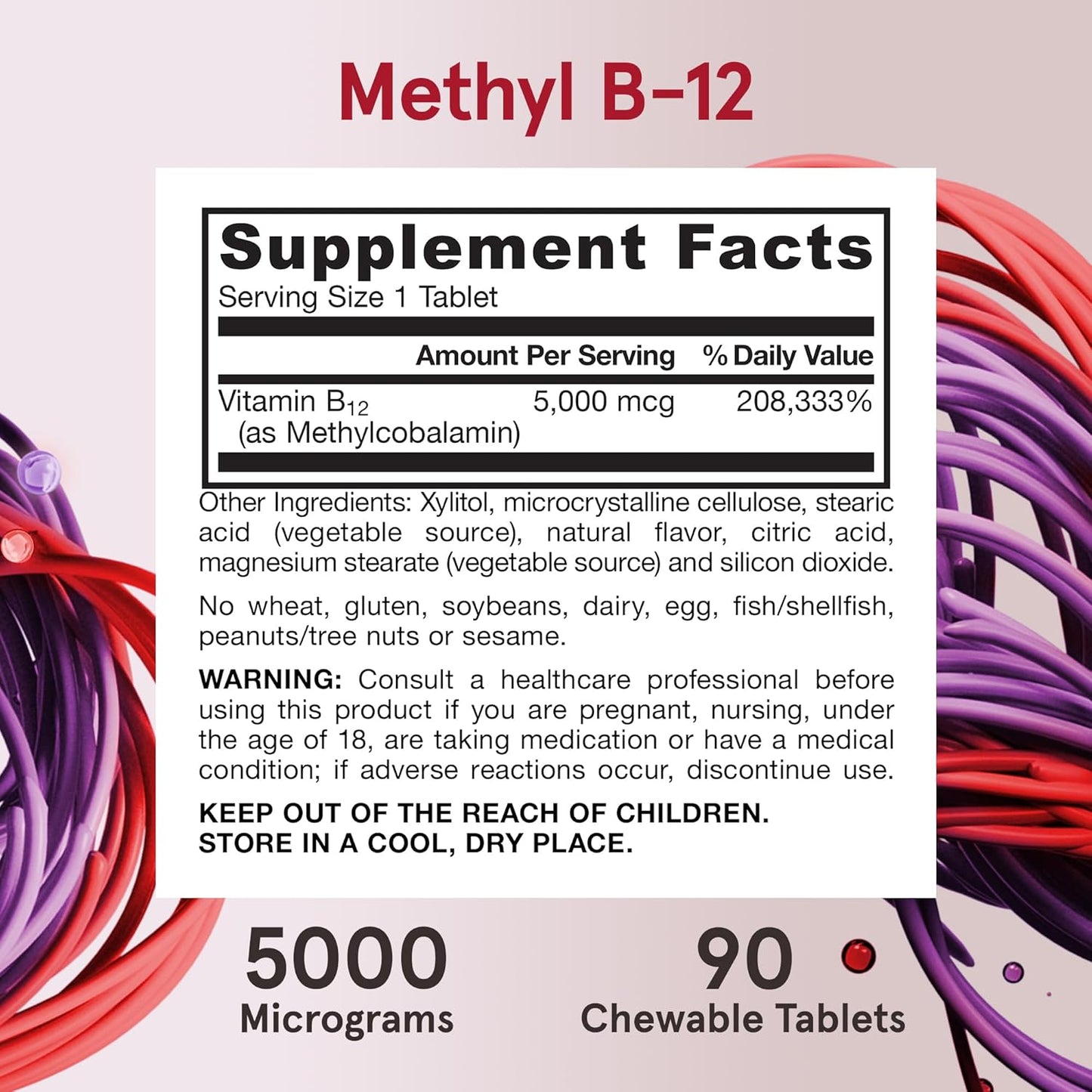 Jarrow Formulas Methyl B-12 5000 mcg Chewable Tablets - 90 Tablets, Pack of 12 - Supports Energy, Sleep & Brain Health - Bioactive Vitamin B-12 - Maximum Strength Dietary Supplement