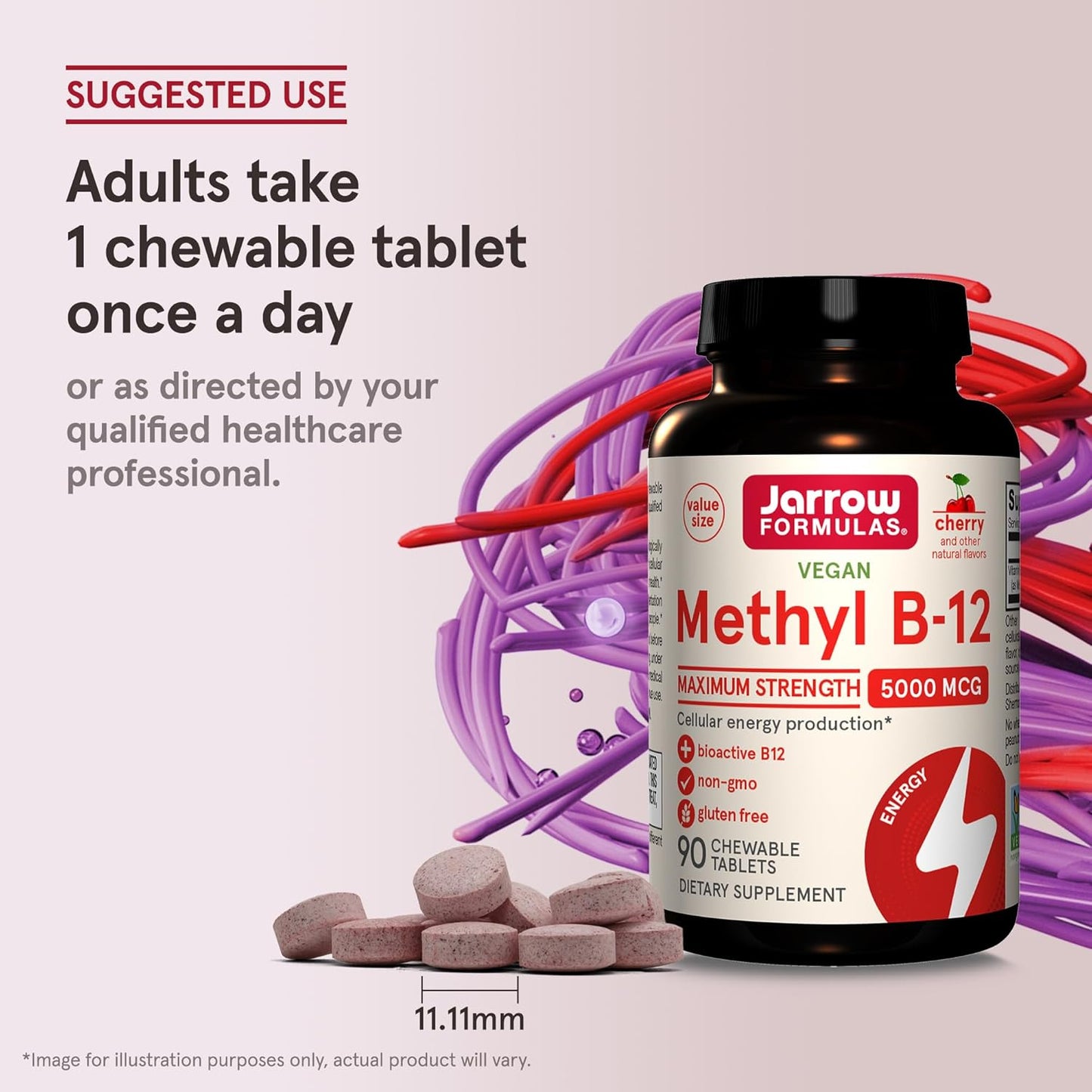 Jarrow Formulas Methyl B-12 5000 mcg Chewable Tablets - 90 Tablets, Pack of 12 - Supports Energy, Sleep & Brain Health - Bioactive Vitamin B-12 - Maximum Strength Dietary Supplement