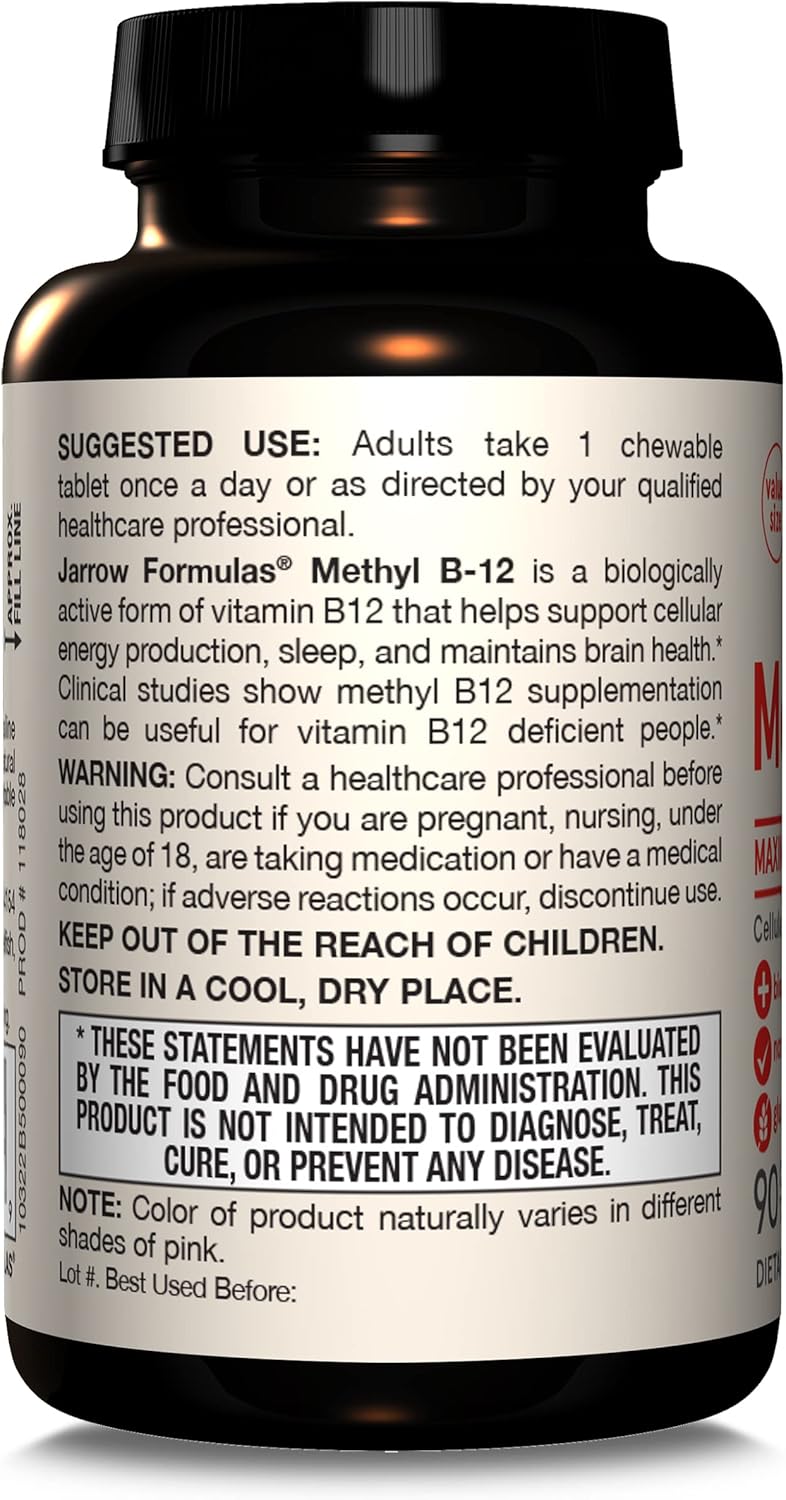 Jarrow Formulas Methyl B-12 5000 mcg Chewable Tablets - 90 Tablets, Pack of 12 - Supports Energy, Sleep & Brain Health - Bioactive Vitamin B-12 - Maximum Strength Dietary Supplement