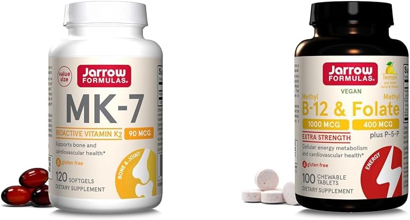 Jarrow Formulas MK7 90 mcg for Bone Health + Extra Strength Methyl B-12 & Folate 400 mcg + P-5-P, 120 Softgels.