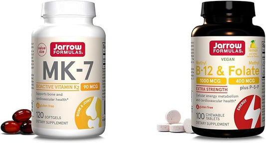 Jarrow Formulas MK7 90 mcg for Bone Health + Extra Strength Methyl B-12 & Folate 400 mcg + P-5-P, 120 Softgels.