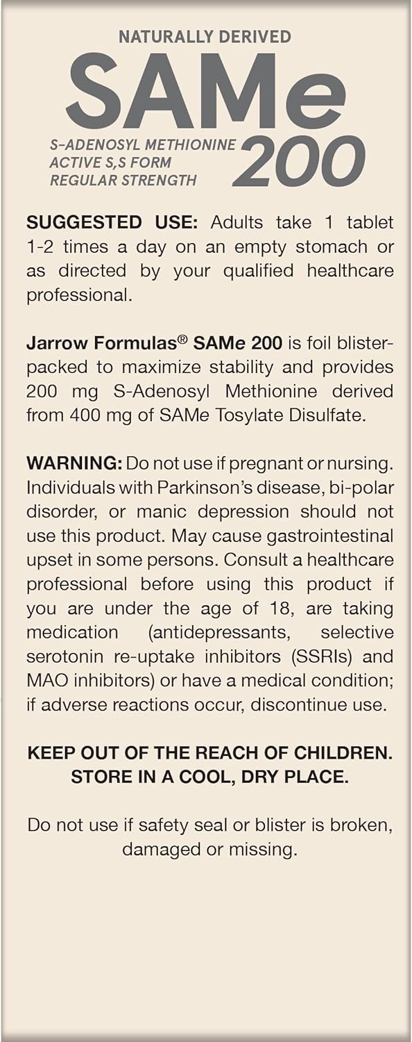 Jarrow Formulas Same 200 mg Tablets for Joint Health, Liver Function & Brain Metabolism - 720 Tablets, 60-Day Supply