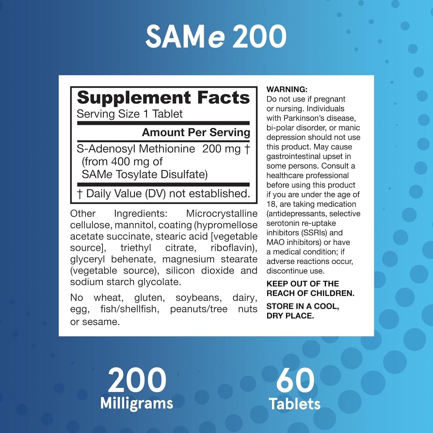 Jarrow Formulas Same 200 mg Tablets for Joint Health, Liver Function & Brain Metabolism - 720 Tablets, 60-Day Supply