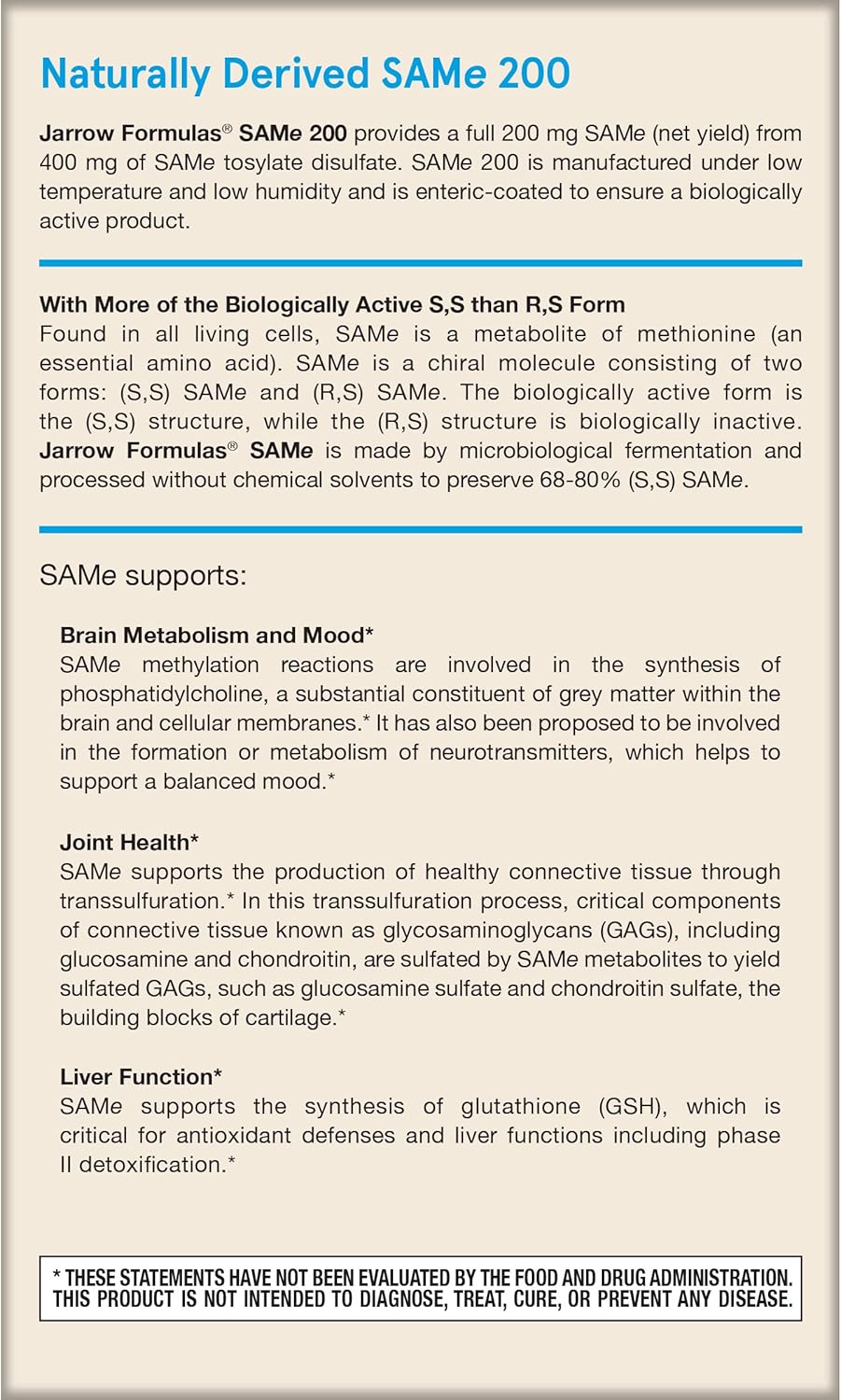 Jarrow Formulas Same 200 mg Tablets for Joint Health, Liver Function & Brain Metabolism - 720 Tablets, 60-Day Supply