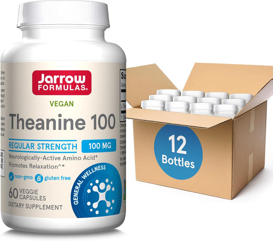 Jarrow Formulas Theanine Supplement 100mg for Relaxation, 60 Veg Caps - Pack of 12