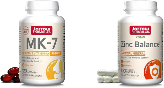 Jarrow Formulas Vitamin K2 MK-7 90 mcg with Zinc Balance 15 mg - 100 Servings (Veggie Caps) - Includes Copper for Enhanced Absorption
