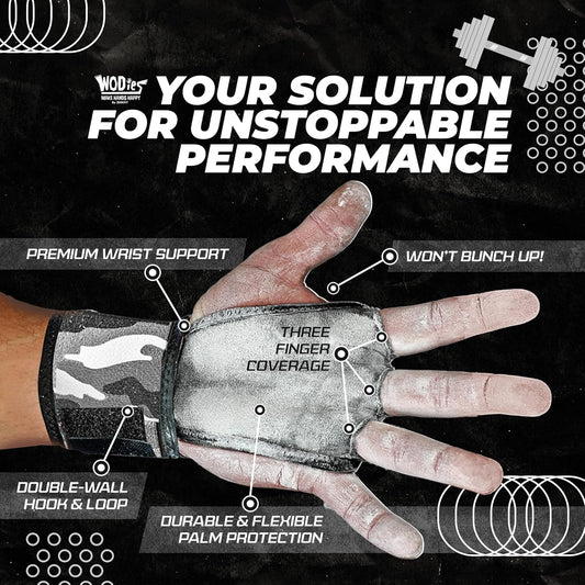 JerkFit WODies 3 Hole Gymnastics Grips with Wrist Support - Latex Free Elastic Crossfit Grips for Weightlifting and Cross Training - Hand Grips for Men and Women with Palm Protection