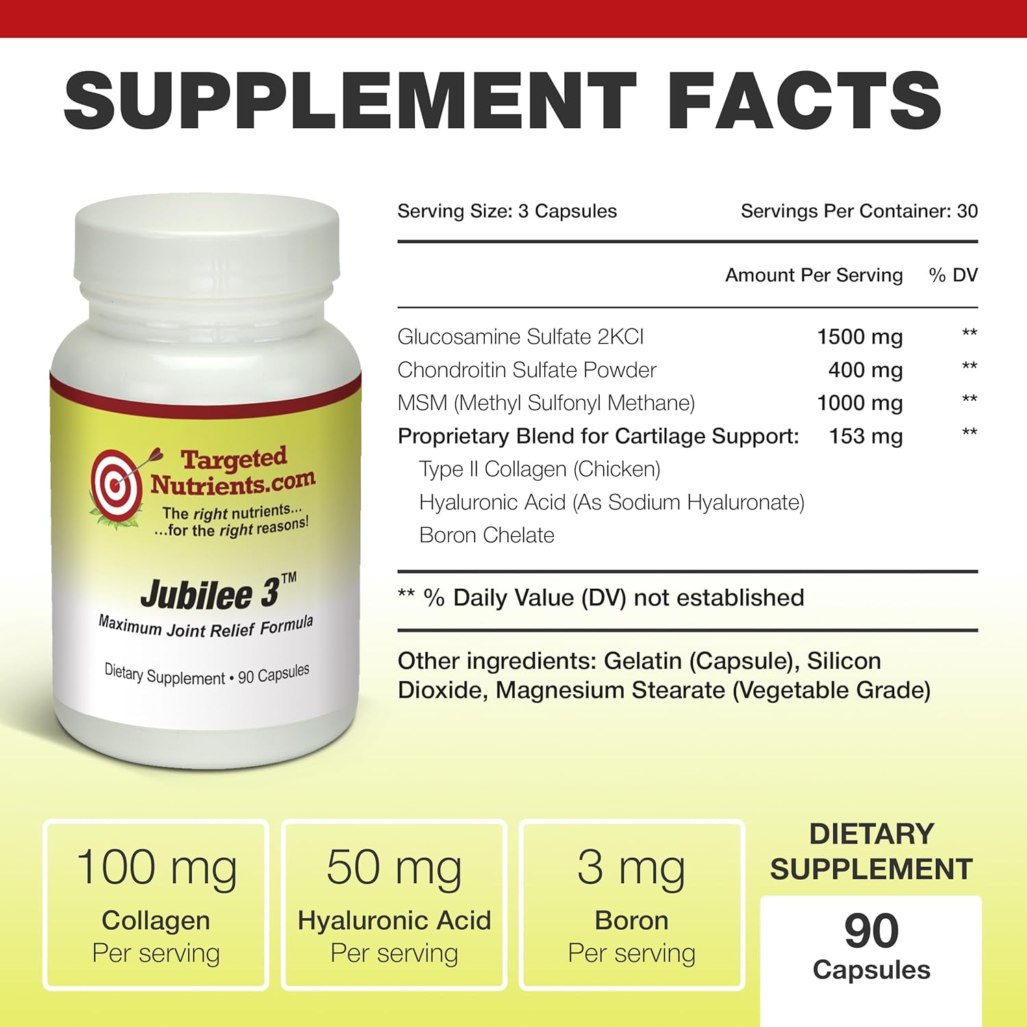 Joint Support Supplement with Glucosamine, Chondroitin, MSM, Collagen, Hyaluronic Acid, Boron - Triple Action for Mobility & Cartilage Health - 90 Capsules