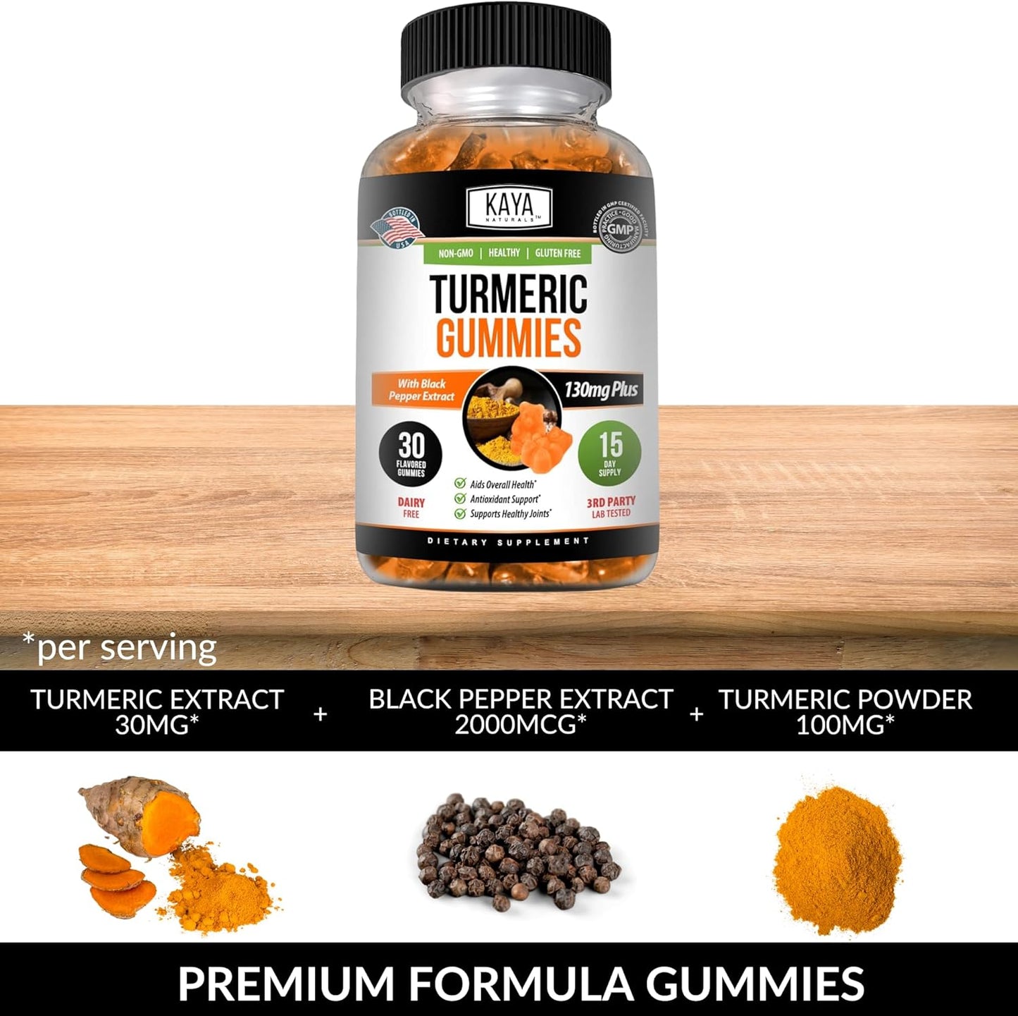 Joint Support Turmeric Gummies - 30 Count with Ginger and Black Pepper Extract for Enhanced Absorption | Pure Turmeric Curcumin Gummy Supplement by Kaya Naturals