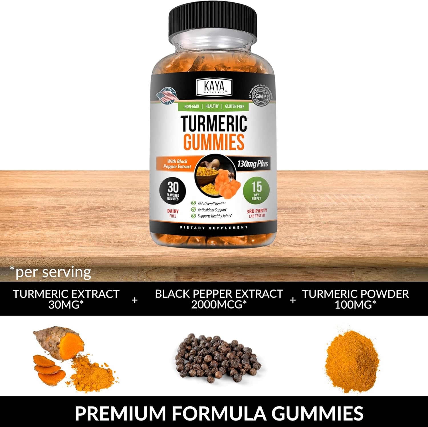 Joint Support Turmeric Gummies - 30 Count with Ginger and Black Pepper Extract for Enhanced Absorption | Pure Turmeric Curcumin Gummy Supplement by Kaya Naturals