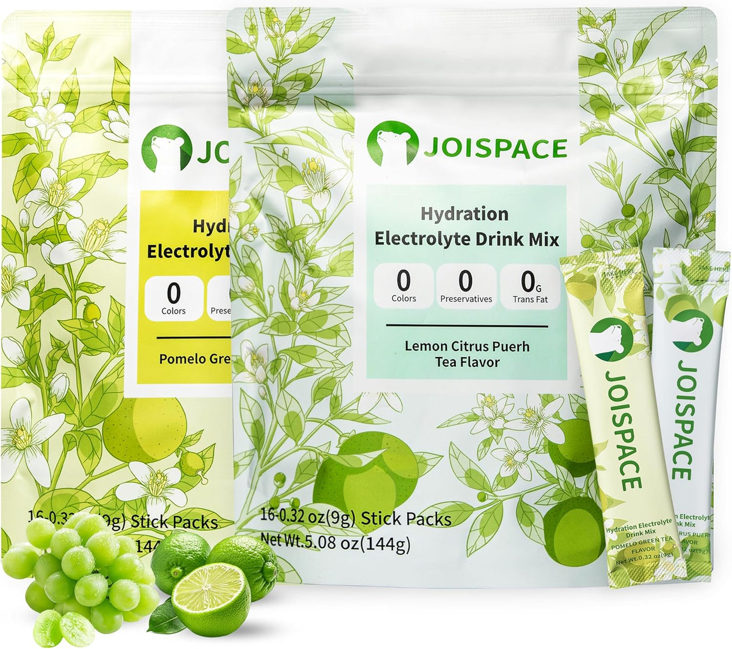 JOISPACE Electrolyte Drink Mix with Tea Polyphenols for Fast Hydration & Energy | Non-GMO, Vegan, Gluten-Free | Pomelo Tea & Lemon Lime Flavor, 32 Servings