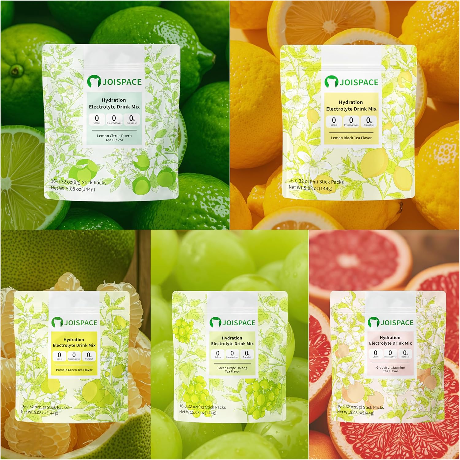 JOISPACE Lemon Tea & Pomelo Tea Electrolyte Drink Mix | Fast Hydration & Electrolytes Boost | Non-GMO, Vegan, Gluten-Free | 32 Servings