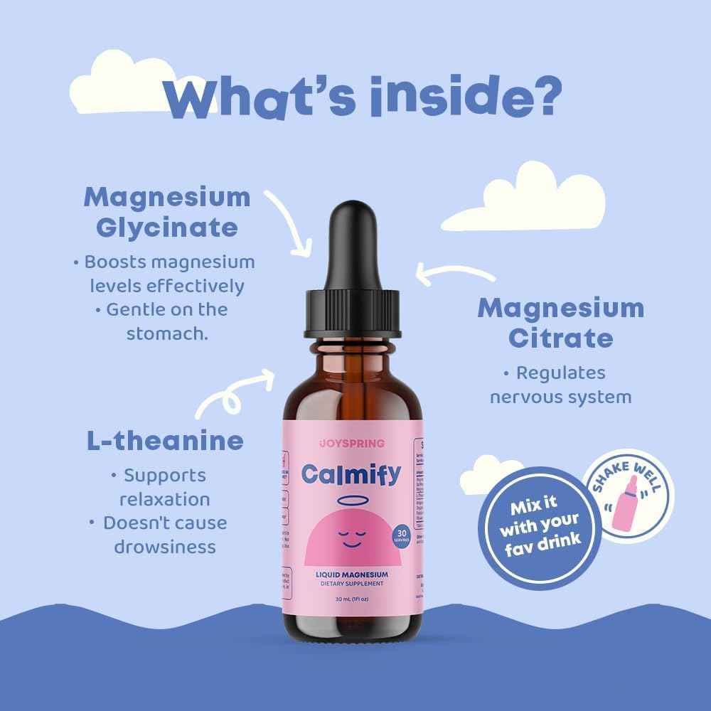 JoySpring Calmify Liquid Magnesium for Kids | Organic Chamomile & L-Theanine Supplement | Sugar-Free & Gluten-Free | Calm Support | Magnesium Glycinate