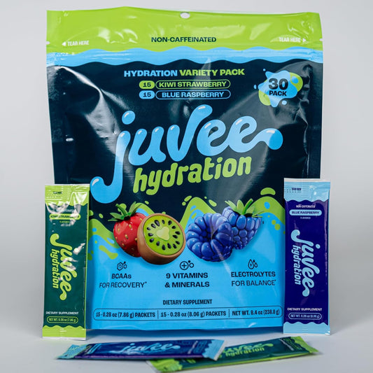 Juvee Hydration Variety Pack with Zero Sugar, Electrolytes, BCAAs, Vitamins, and Minerals - 30 Count, 15 Calories, Gluten-Free, Vegan, Non-GMO