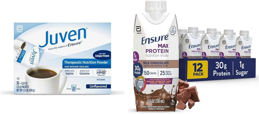 Juven Therapeutic Nutrition Powder and Ensure Max Protein Shakes Bundle - 30 Count Powder and 12 Pack Shakes