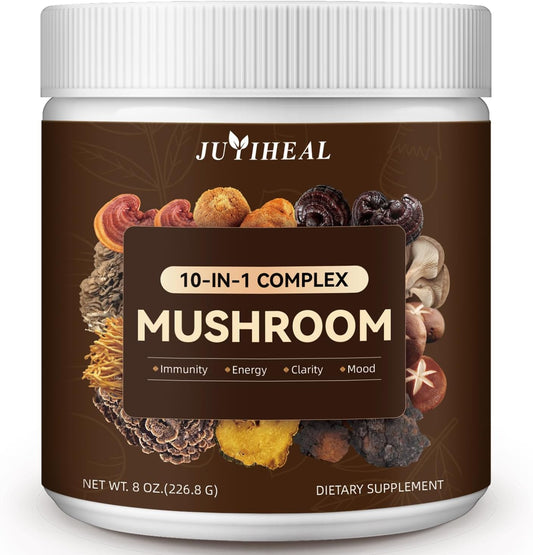 JUYIHEAL Mushroom Complex Powder - Lions Mane, Reishi, Shiitake, Chaga, Turkey Tail & More - Energy, Memory, Focus & Immune Support 8oz