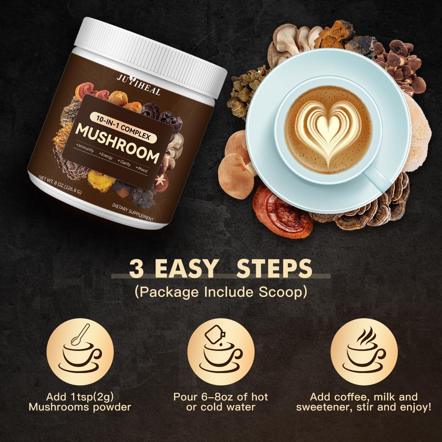 JUYIHEAL Mushroom Complex Powder - Lions Mane, Reishi, Shiitake, Chaga, Turkey Tail & More - Energy, Memory, Focus & Immune Support 8oz