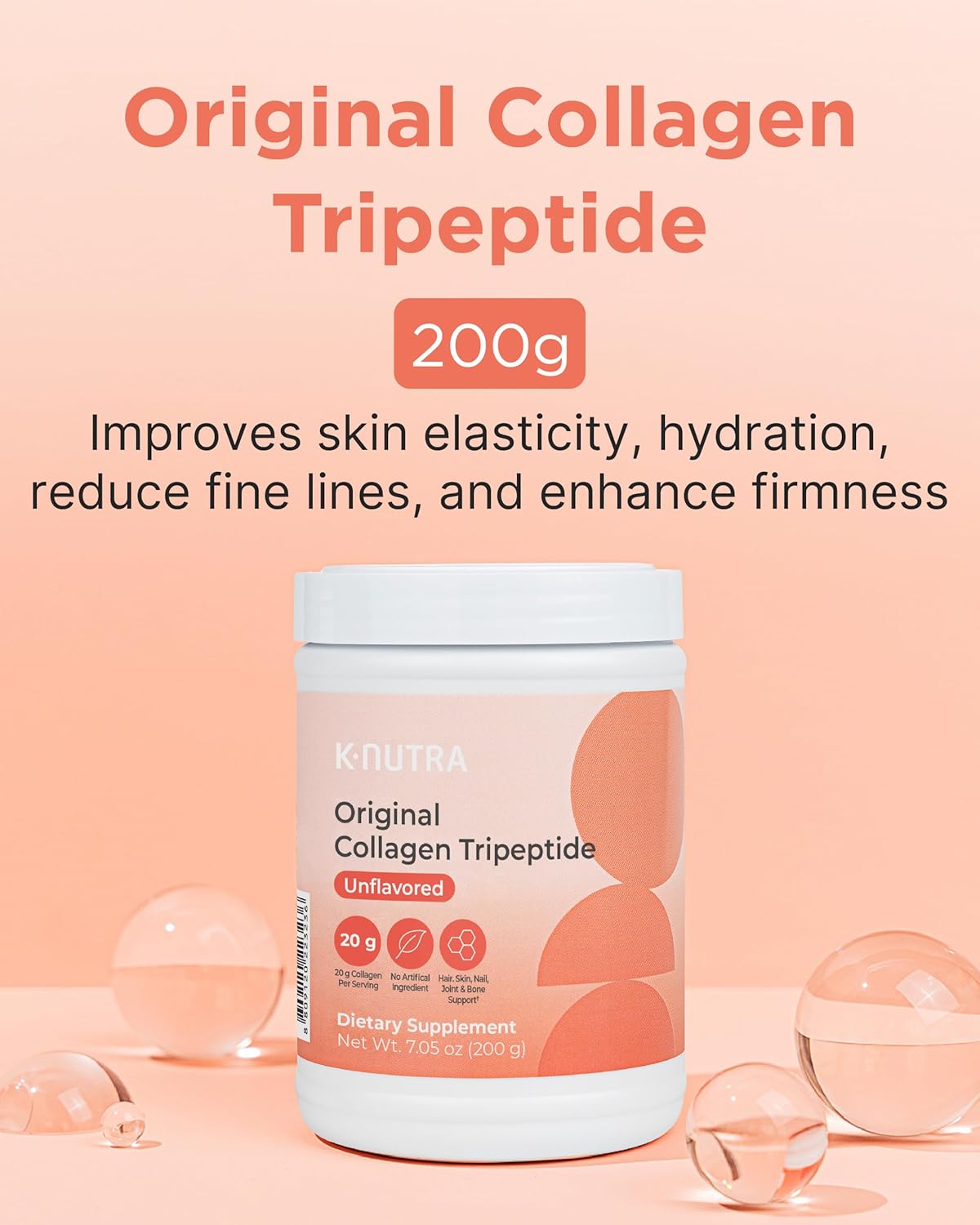 K-Nutra Original Collagen Tripeptide Powder | 200g (7.05oz) | 100% Pure Freshwater Collagen | 200X Absorption | Skin, Hair, Nail Health Support
