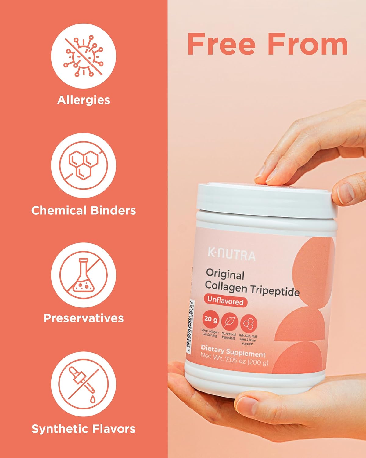 K-Nutra Original Collagen Tripeptide Powder | 200g (7.05oz) | 100% Pure Freshwater Collagen | 200X Absorption | Skin, Hair, Nail Health Support