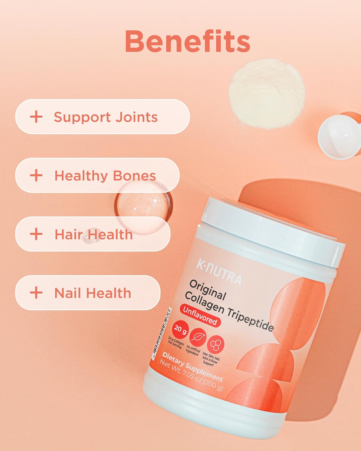 K-Nutra Original Collagen Tripeptide Powder | 200g (7.05oz) | 100% Pure Freshwater Collagen | 200X Absorption | Skin, Hair, Nail Health Support