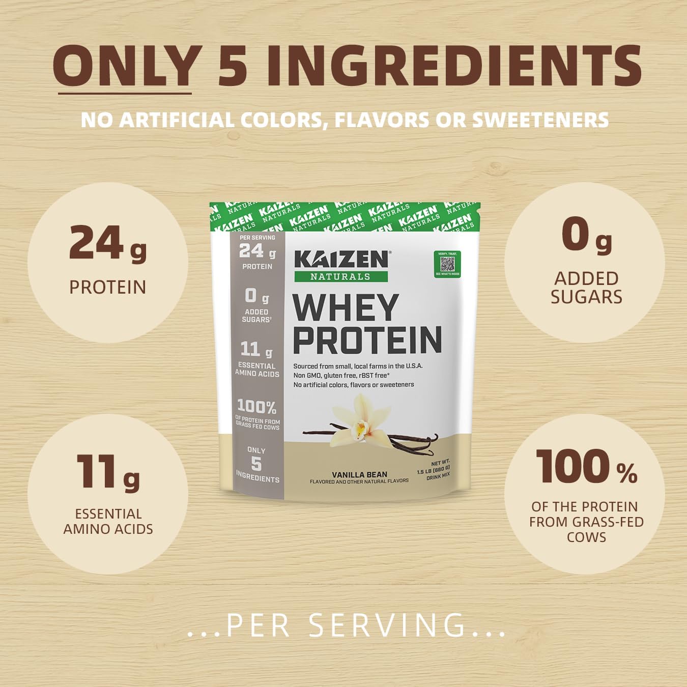 Kaizen Naturals Grass-Fed Whey Protein Powder - Lactose & Gluten-Free with BCAAs and EAAs - Locally Sourced, Non-GMO - 21 Servings, 1.5lb
