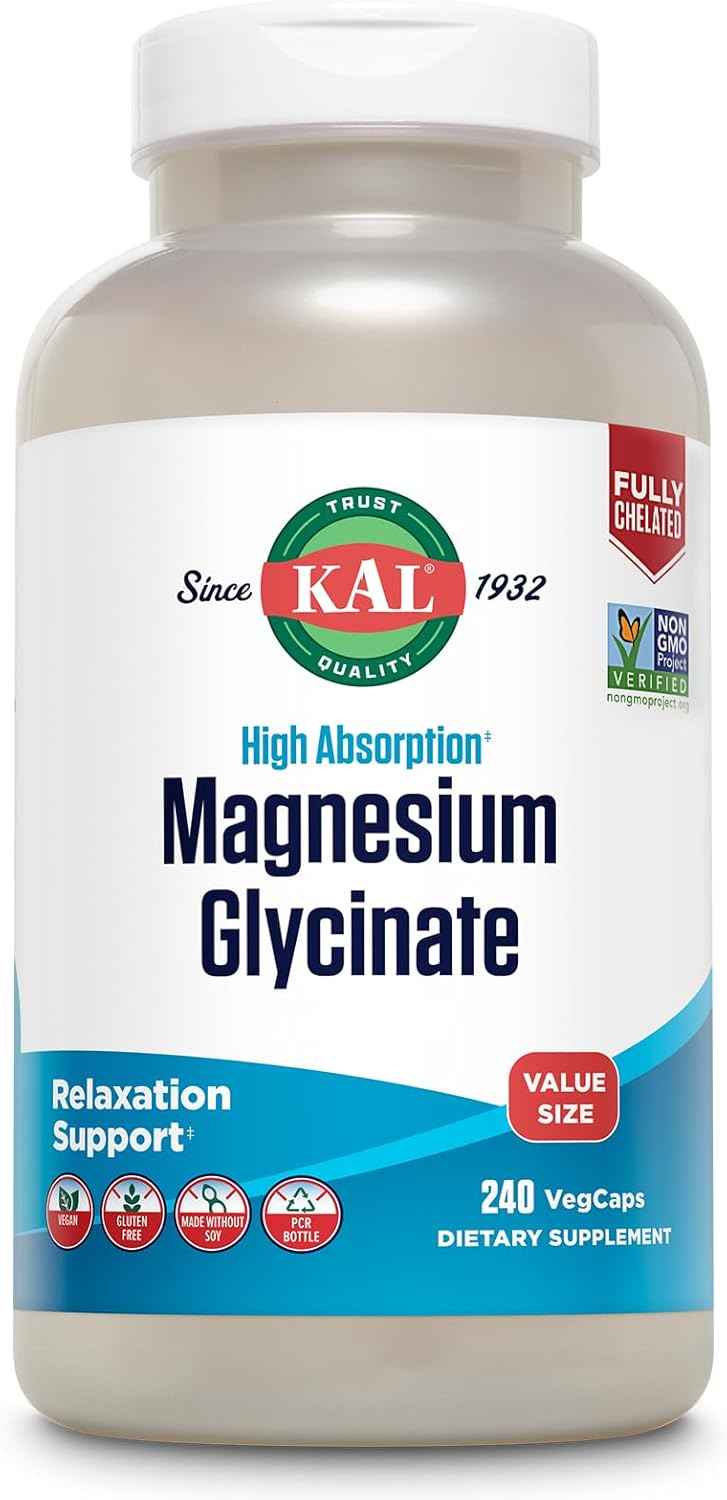 KAL Magnesium Glycinate, New & Improved Fully Chelated High Absorption Formula with BioPerine, Bisglycinate Chelate for Stress, Relaxation, Muscle & Bone Health Support, 60 Servings, 240 VegCaps