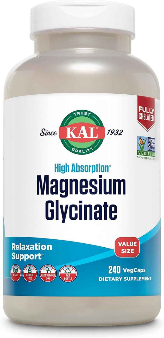 KAL Magnesium Glycinate, New & Improved Fully Chelated High Absorption Formula with BioPerine, Bisglycinate Chelate for Stress, Relaxation, Muscle & Bone Health Support, 60 Servings, 240 VegCaps