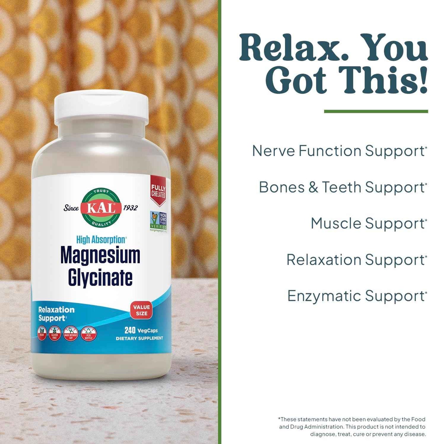 KAL Magnesium Glycinate, New & Improved Fully Chelated High Absorption Formula with BioPerine, Bisglycinate Chelate for Stress, Relaxation, Muscle & Bone Health Support, 60 Servings, 240 VegCaps