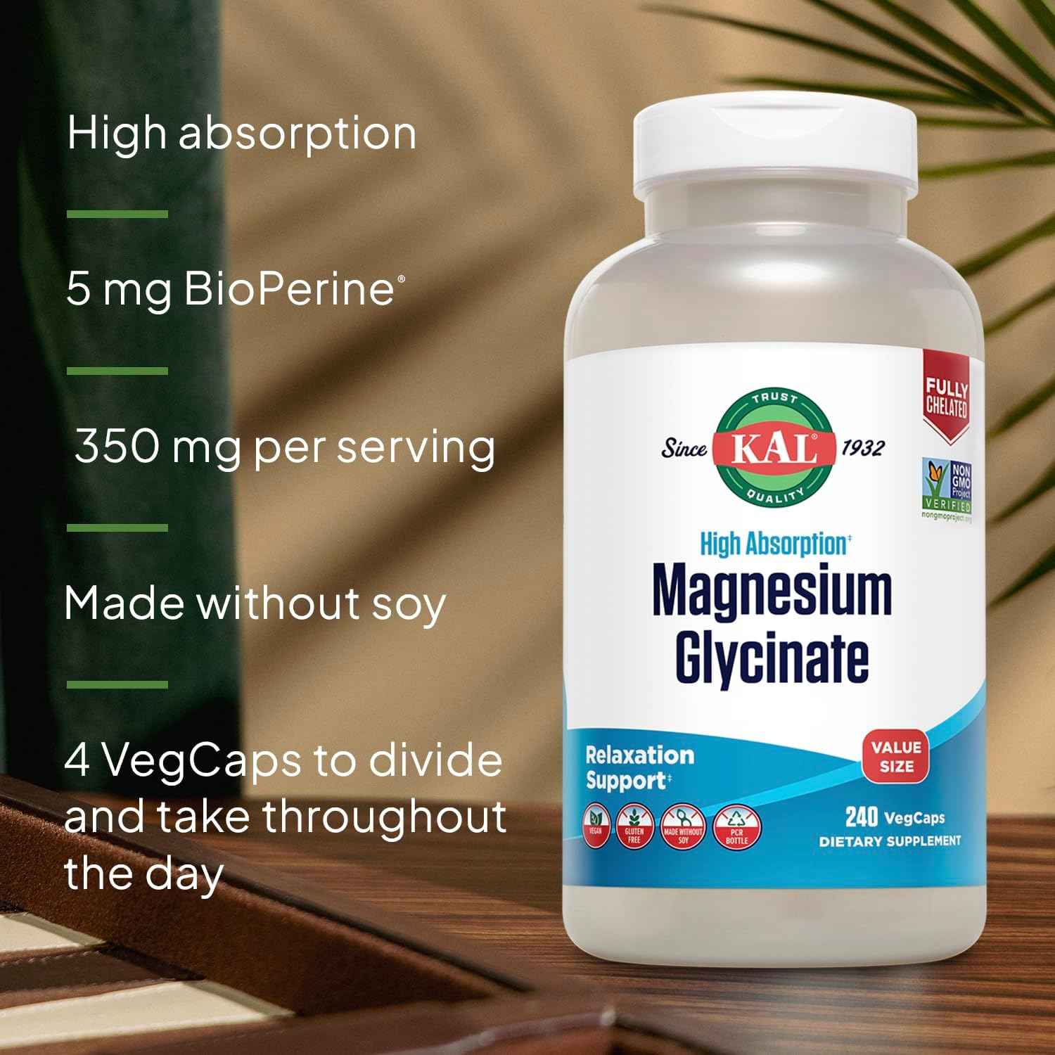 KAL Magnesium Glycinate, New & Improved Fully Chelated High Absorption Formula with BioPerine, Bisglycinate Chelate for Stress, Relaxation, Muscle & Bone Health Support, 60 Servings, 240 VegCaps