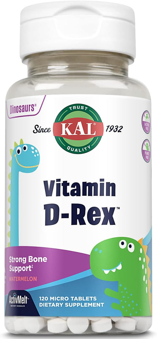 KAL Vitamin D-Rex Kids Melts, Watermelon Flavor, 15 mcg Vitamin D, Immune & Bone Health, 120 Servings