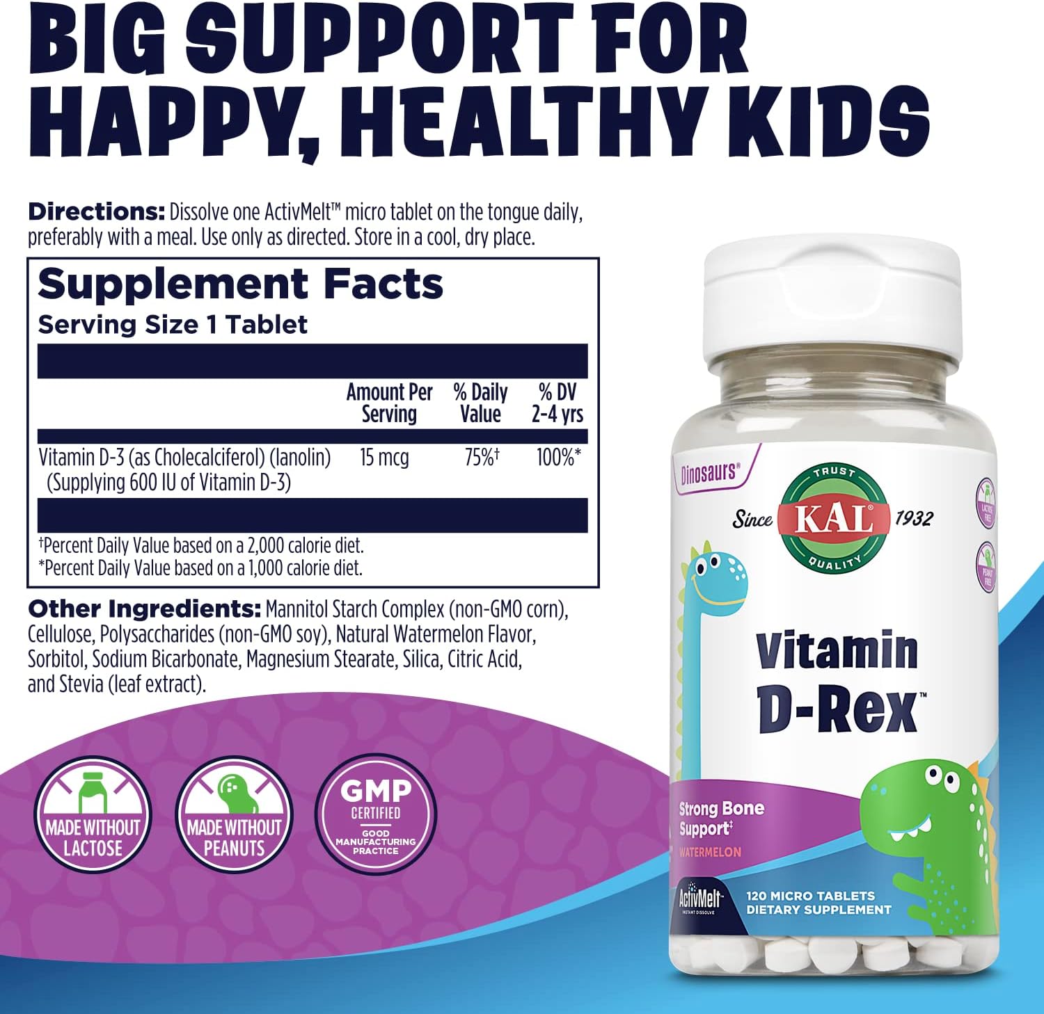 KAL Vitamin D-Rex Kids Melts, Watermelon Flavor, 15 mcg Vitamin D, Immune & Bone Health, 120 Servings