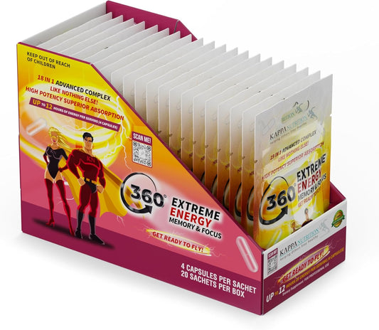 KAPPA NUTRITION 360 Extreme Energy, Memory & Focus Supplement - 20 Sachets with 4 Capsules each - Boost Alertness and Mental Clarity