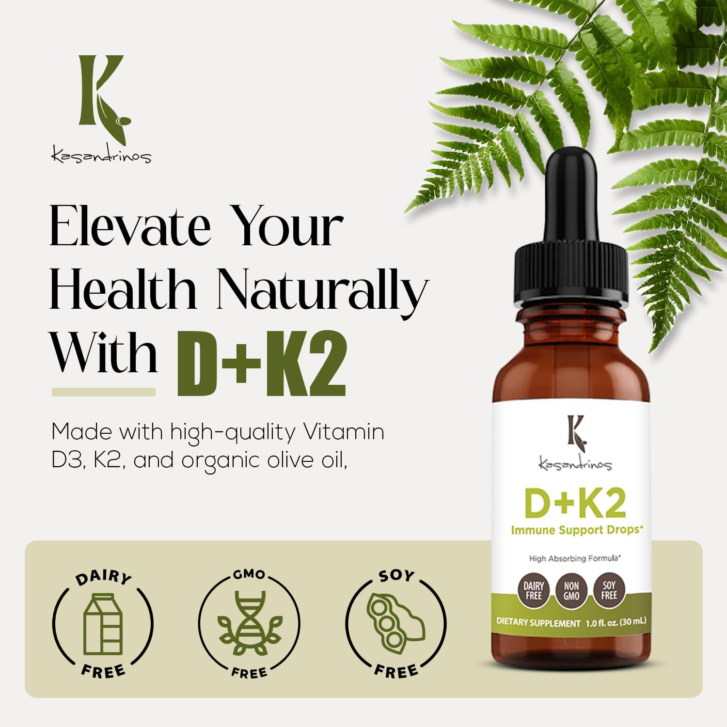 KASANDRINOS Vitamin D3 + K2 Supplement for Bone Health, Immune Support, Hair Skin, and Nails - 1 FL Oz (30 ml) Pack of 1