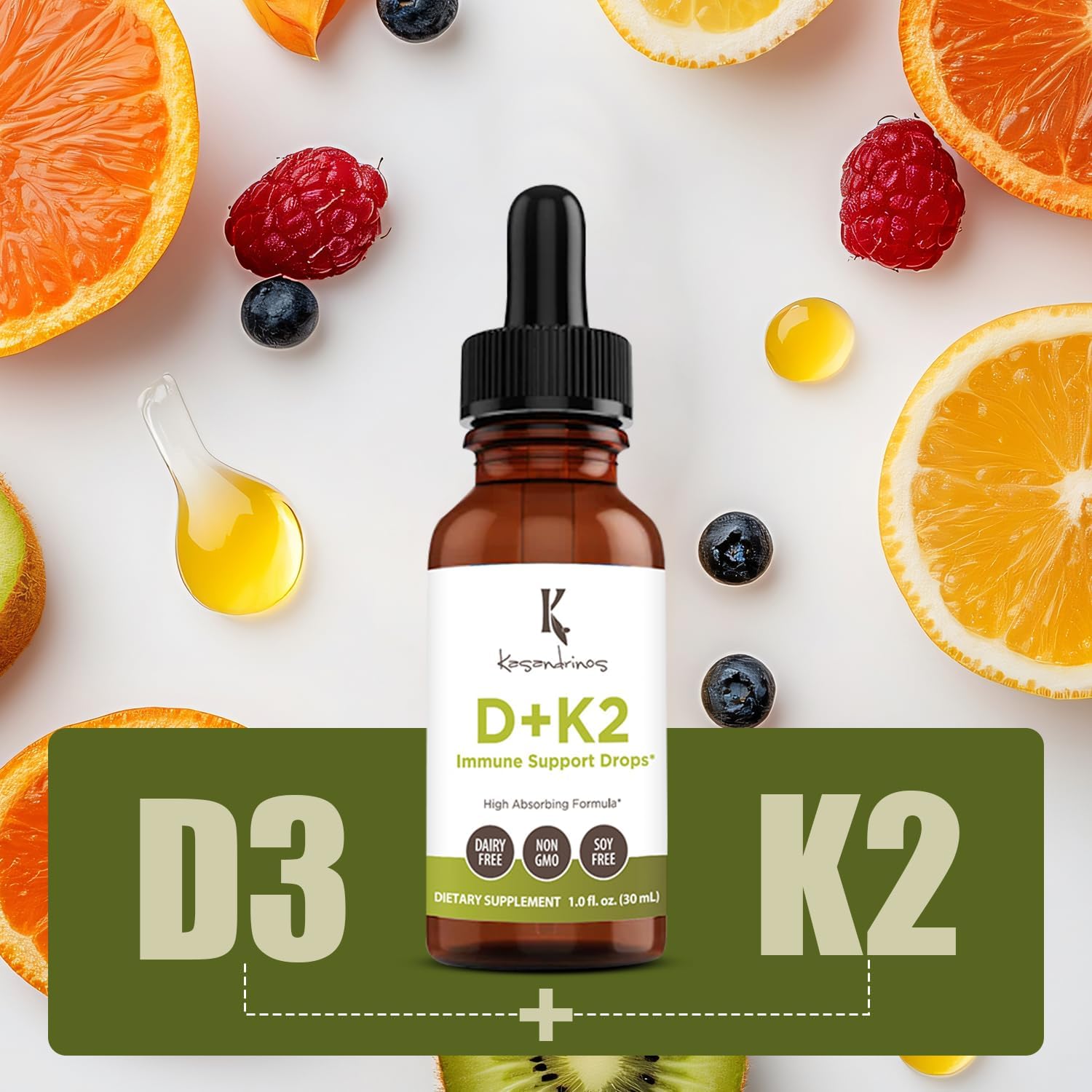 KASANDRINOS Vitamin D3 + K2 Supplement for Bone Health, Immune Support, Hair Skin, and Nails - 1 FL Oz (30 ml) Pack of 1