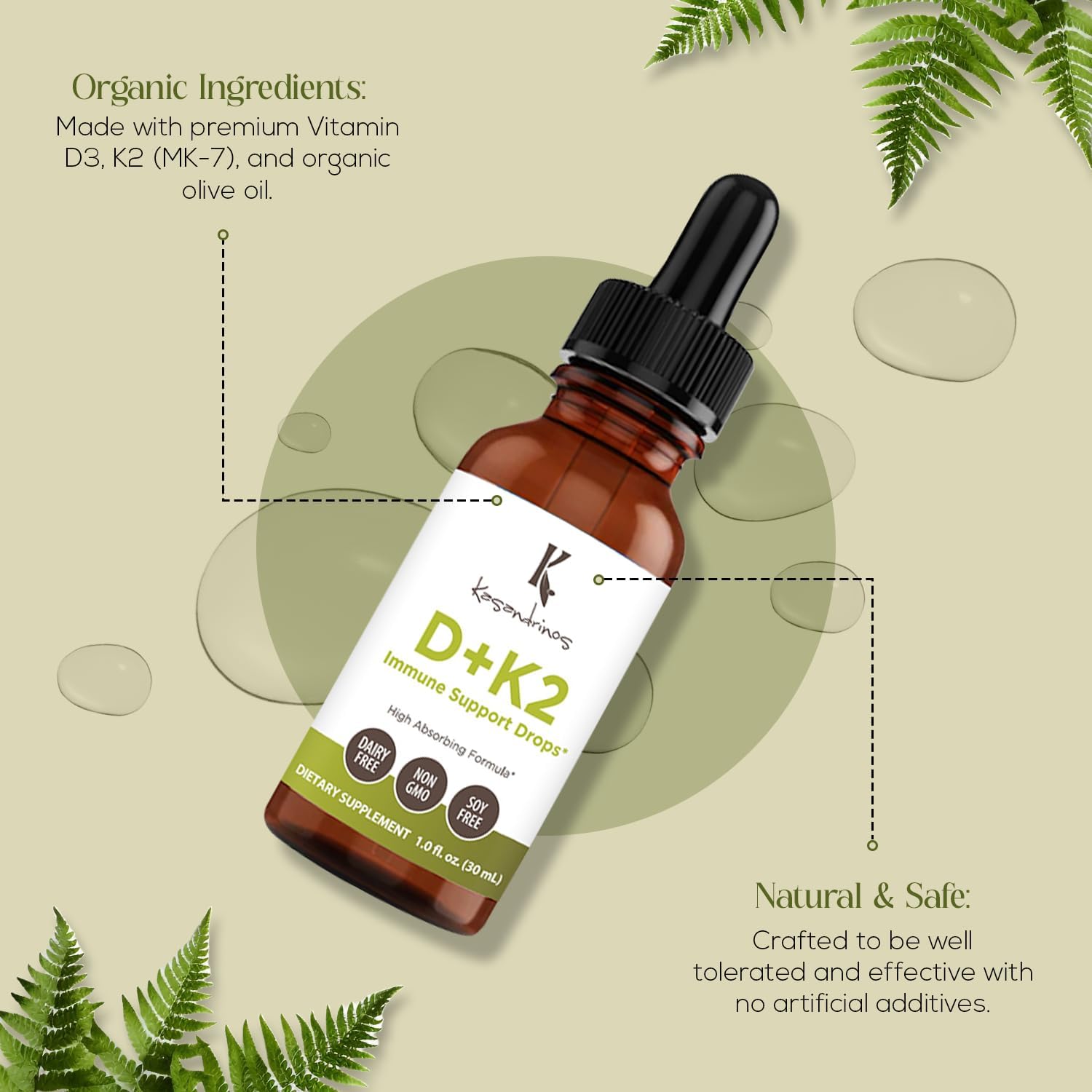 KASANDRINOS Vitamin D3 + K2 Supplement for Bone Health, Immune Support, Hair Skin, and Nails - 1 FL Oz (30 ml) Pack of 1
