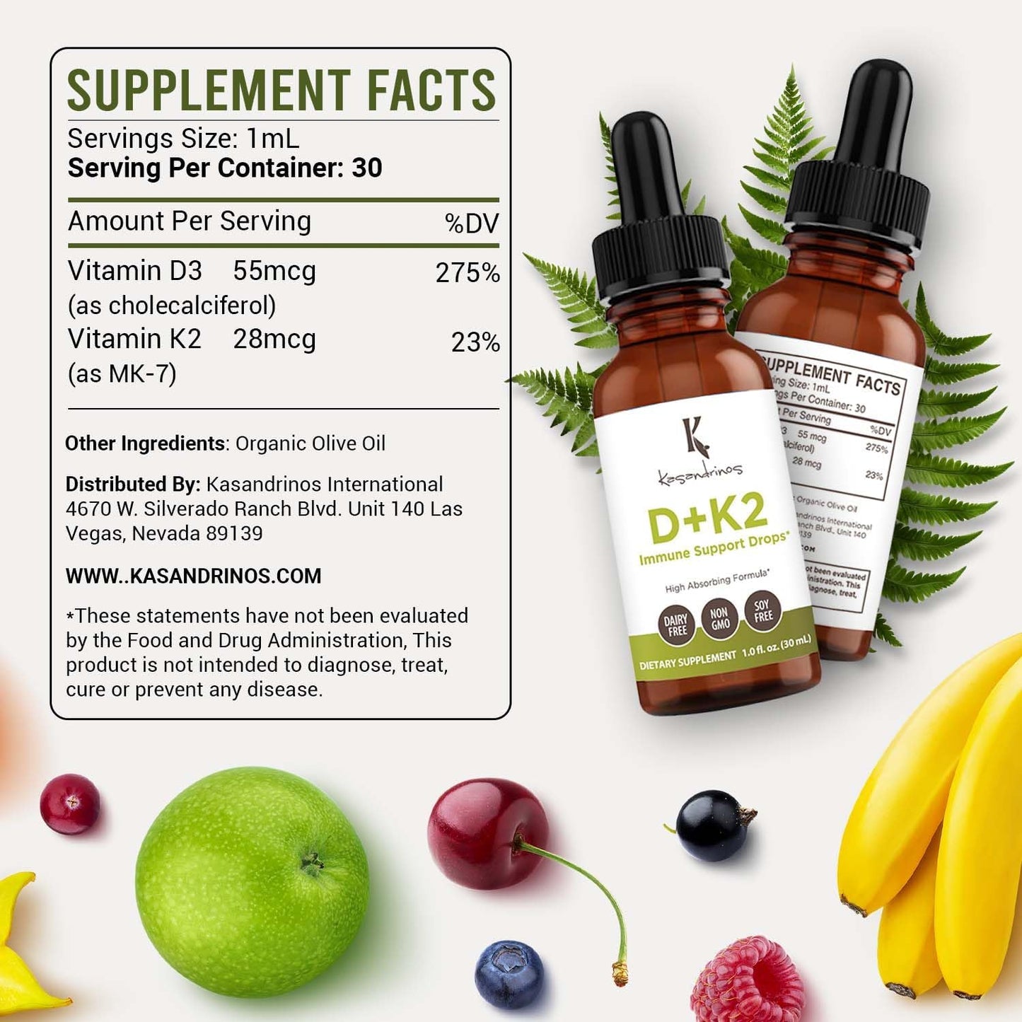 KASANDRINOS Vitamin D3 + K2 Supplement for Bone Health, Immune Support, Hair Skin, and Nails - 1 FL Oz (30 ml) Pack of 1