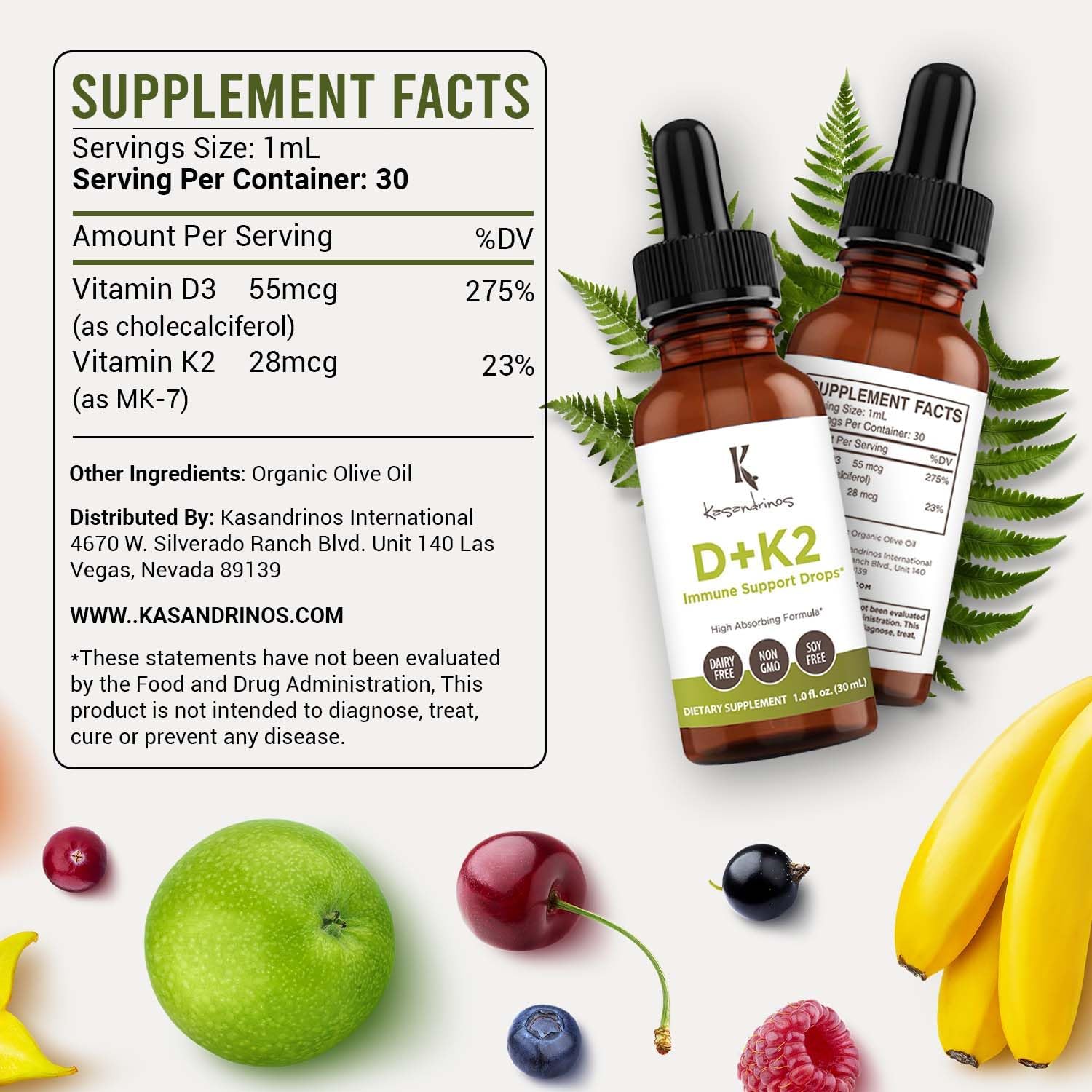 KASANDRINOS Vitamin D3 + K2 Supplement for Bone Health, Immune Support, Hair Skin, and Nails - 1 FL Oz (30 ml) Pack of 1