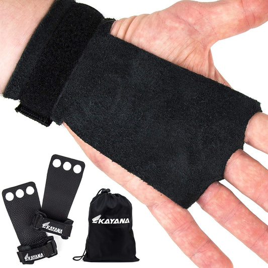 KAYANA Leather Gymnastics Hand Grips - 3 Hole Design for Palm Protection and Wrist Support in Cross Training, Weightlifting, Pull ups, and More