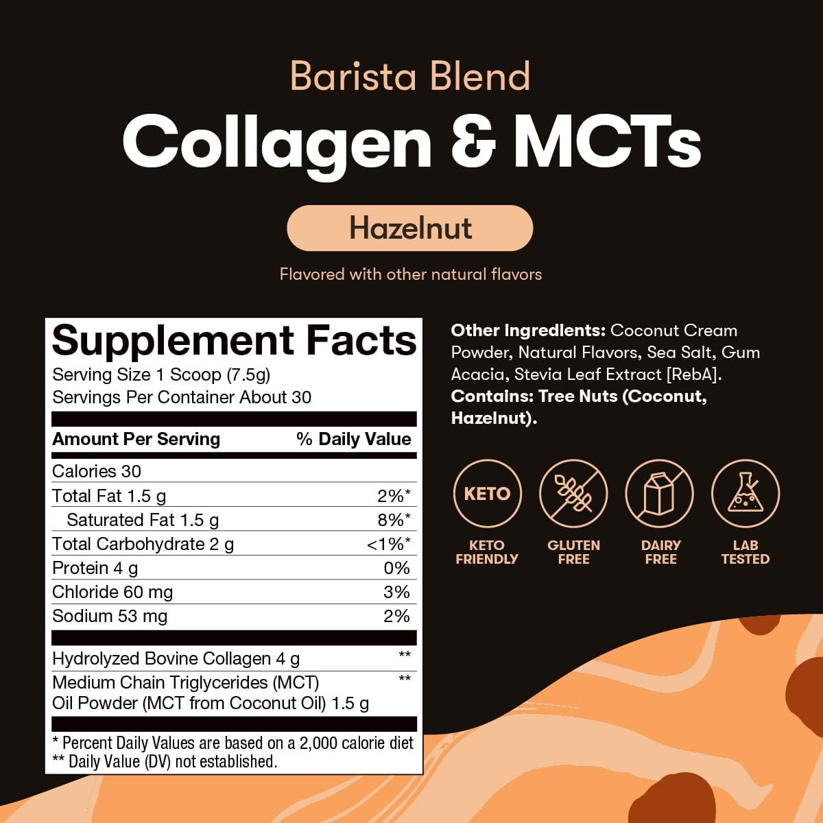 Keto Barista Blend Collagen Coffee Creamer Powder with MCT Oil - Dairy Free, Low Sugar, Grass Fed - Energy & Skin, Hair, Nail Support - Hazelnut Flavor