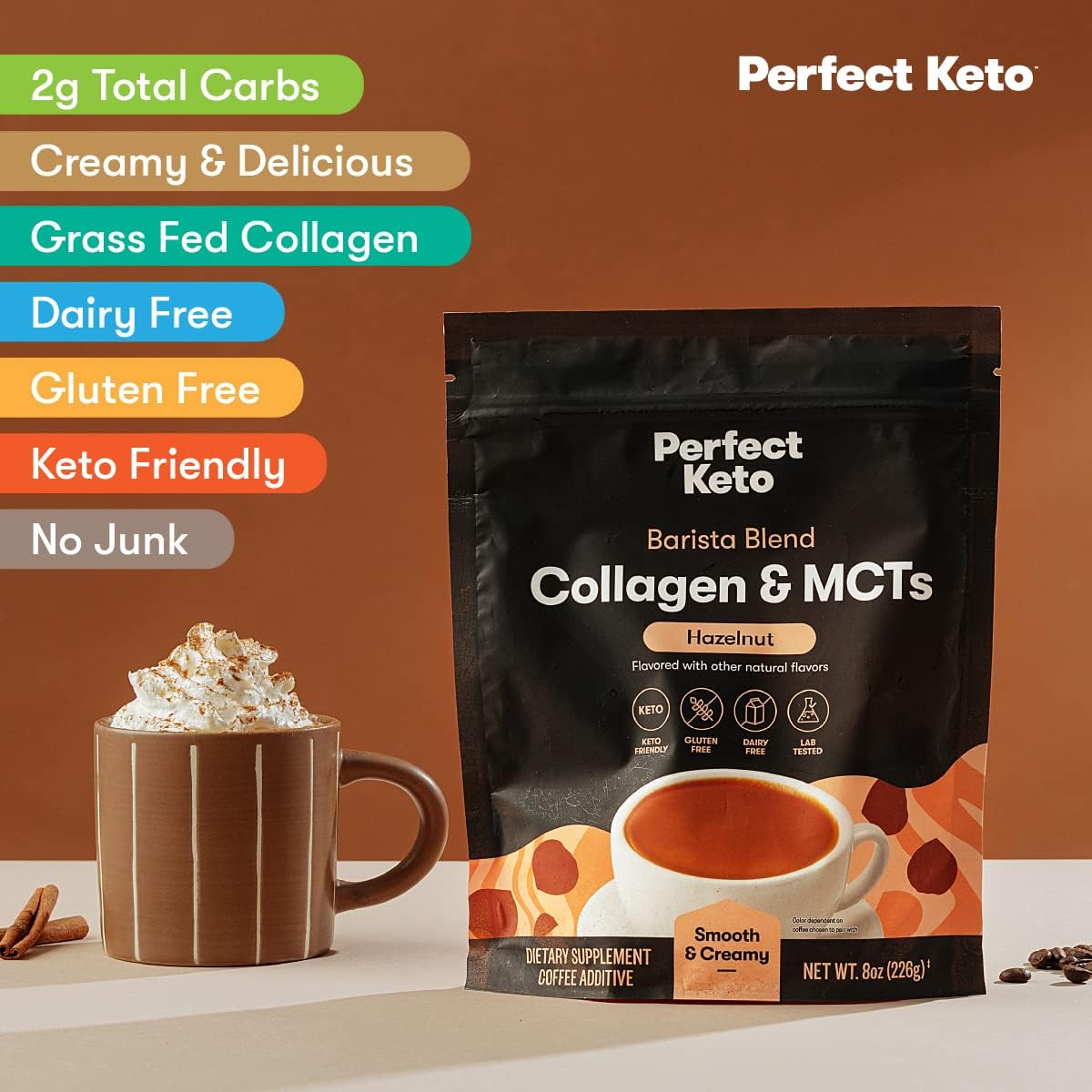Keto Barista Blend Collagen Coffee Creamer Powder with MCT Oil - Dairy Free, Low Sugar, Grass Fed - Energy & Skin, Hair, Nail Support - Hazelnut Flavor