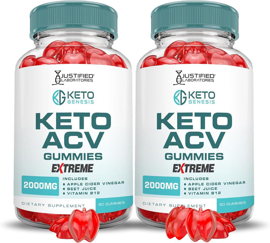 Keto Genesis ACV Gummies Extreme 2000MG (2 Pack) - Apple Cider Vinegar Pomegranate B12 Vegan Non GMO - 120 Gummys