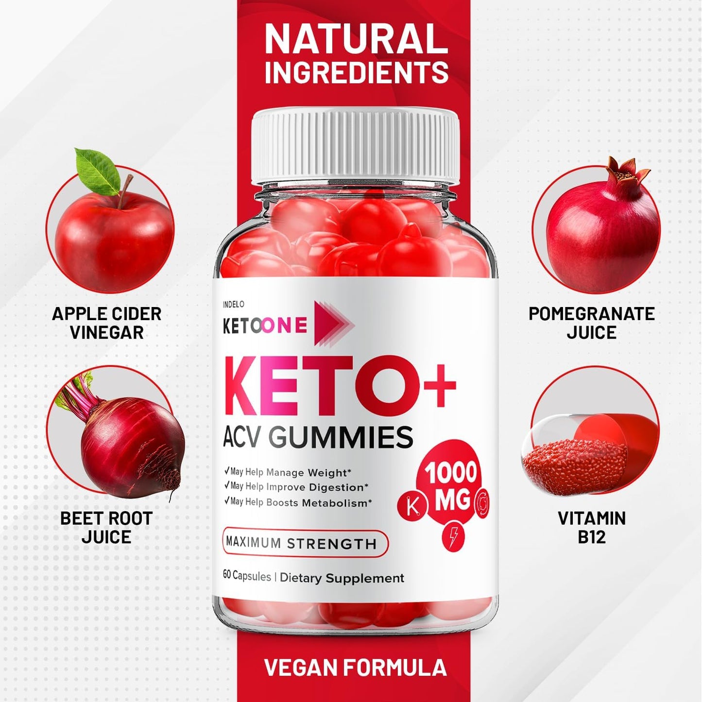 Keto One Gummies with Apple Cider Vinegar for Weight Management - Advanced Formula with Vitamin B12 (60 Gummies)