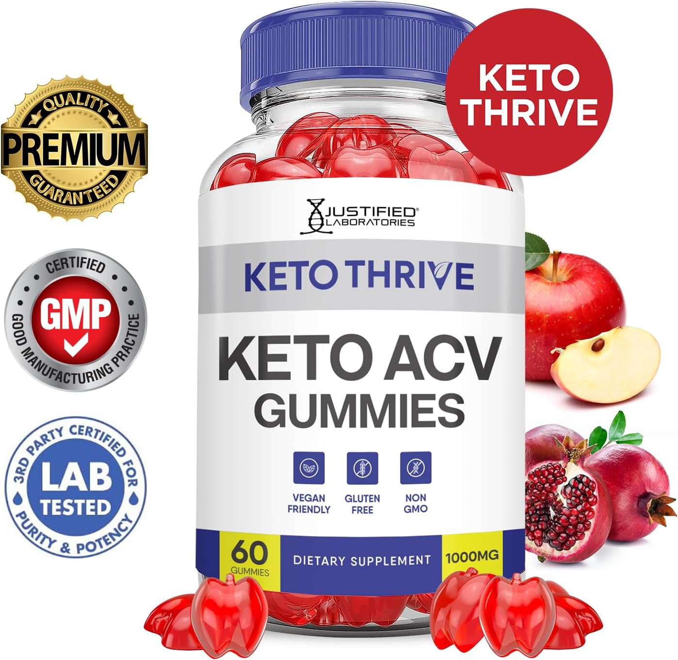 Keto Thrive ACV Gummies 1000MG with Pomegranate Beet Juice B12 - 60 Vegan Non GMO Gummies