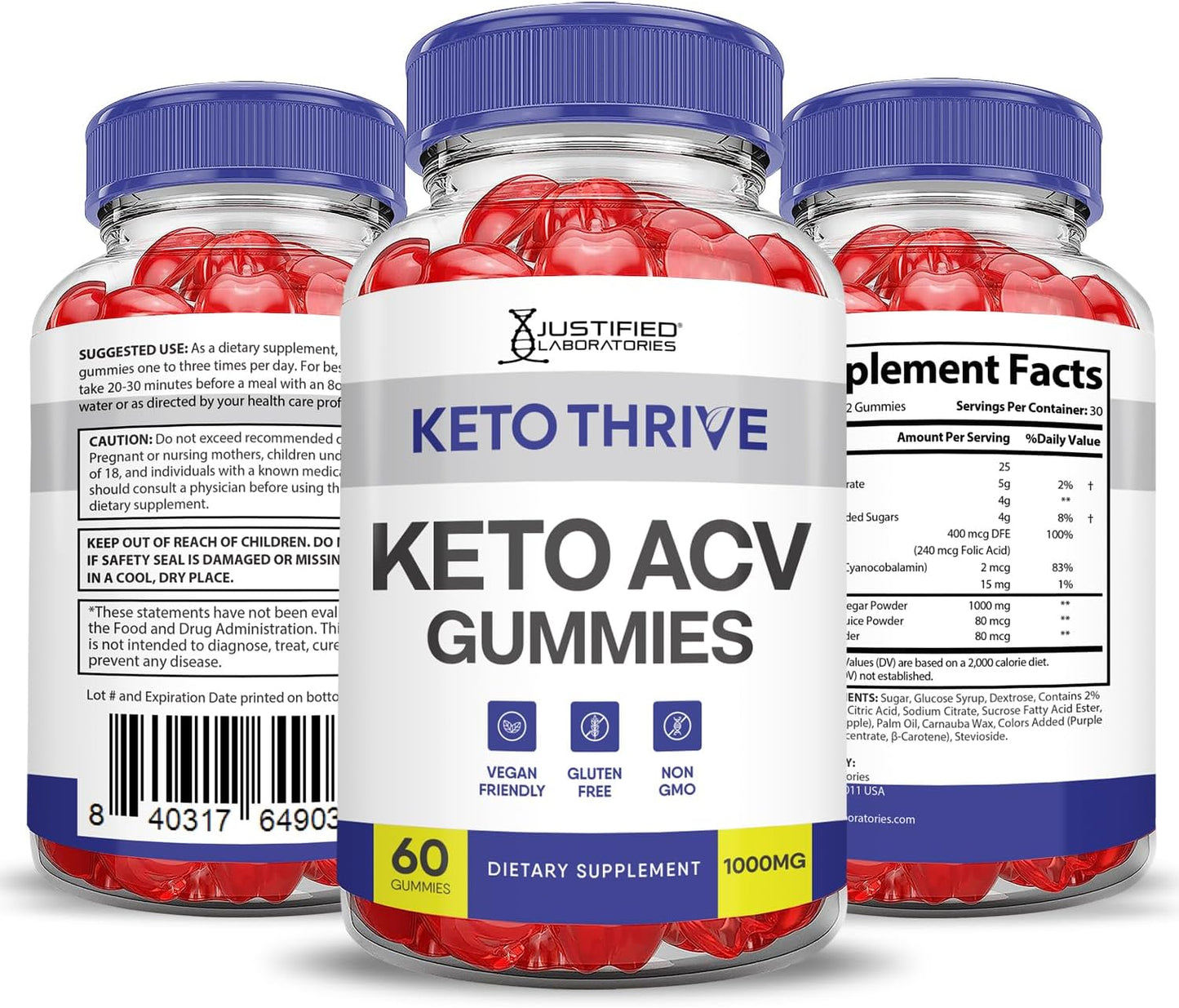 Keto Thrive ACV Gummies 1000MG with Pomegranate Beet Juice B12 - 60 Vegan Non GMO Gummies