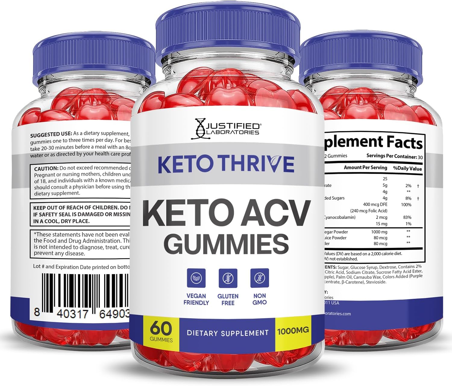 Keto Thrive ACV Gummies 1000MG with Pomegranate Beet Juice B12 - 60 Vegan Non GMO Gummies