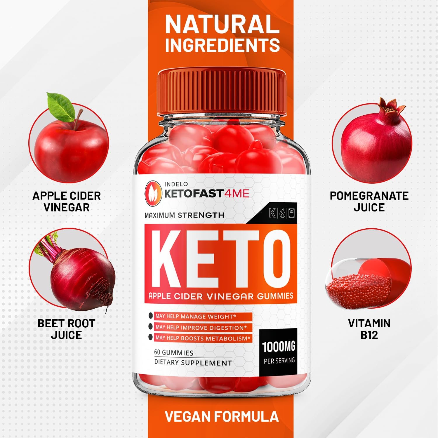 KetoFast4Me ACV Gummies (5 Pack) - Advanced Apple Cider Vinegar for Weight Management with Vitamin B12 - 1000mg (300 Gummies)