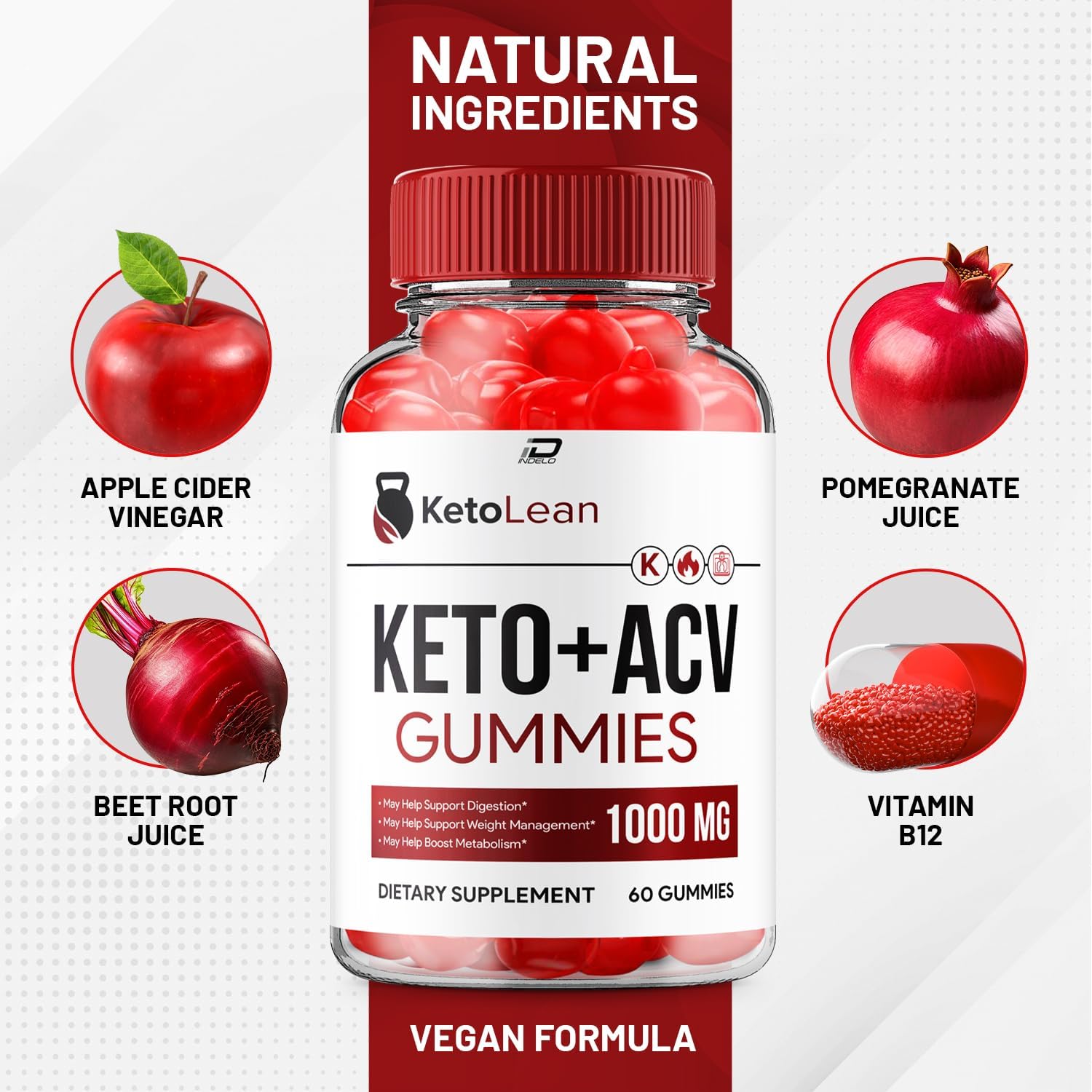 KetoLean + ACV Gummies Supplement - Apple Cider Vinegar 1000MG, B12, Lean Keto Gummies - 5 Pack (300 Gummies)