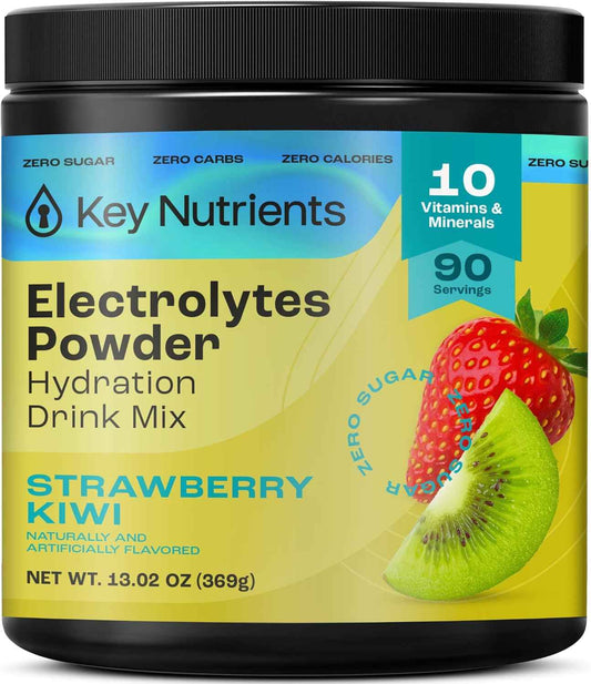 KEY NUTRIENTS Multivitamin Electrolytes Powder No Sugar - Juicy Strawberry Kiwi Electrolyte Powder - Endurance & Energy Supplement - Hydration Powder - No Calories - 90 Servings - Made in USA